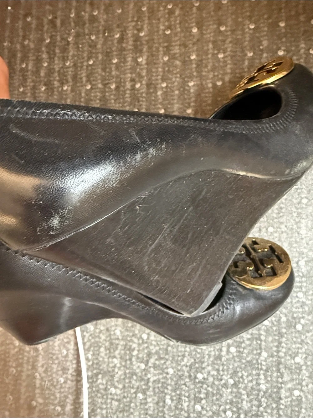 Tory Burch Black Leather Wedges with Gold Logo Medallion